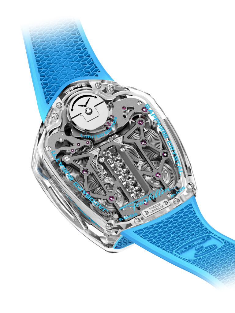 محرك V16 مصغر نابض بالحياة داخل ساعة Bugatti Tourbillon Sapphire Crystal، تجسيد لروح بوجاتي الخارقة في يدك